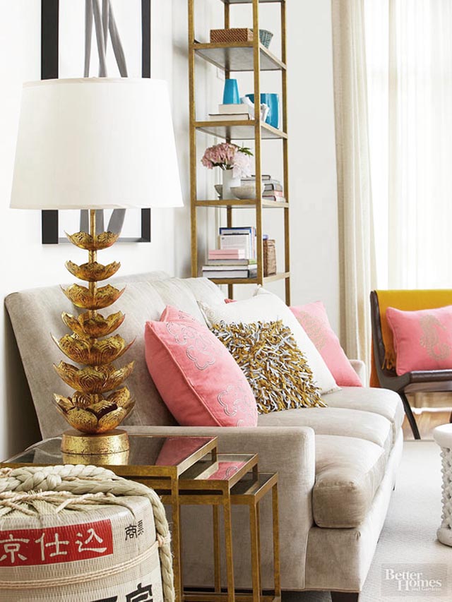 shelf on the far end is a gorgeous way to add style to your room.  This room found on Bhg.com looks so much more put together with that shelf. 
