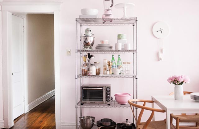 Simple stainless racks styled with a certain color theme like this pastel ensemble from theeverygirl.com is so pretty!